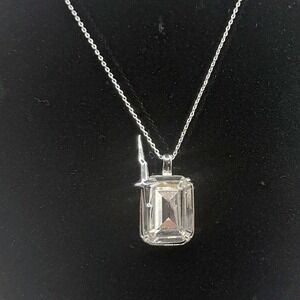 New Clear Emerald Cut Glass Pendant Necklace Silver Tone Chain - see video